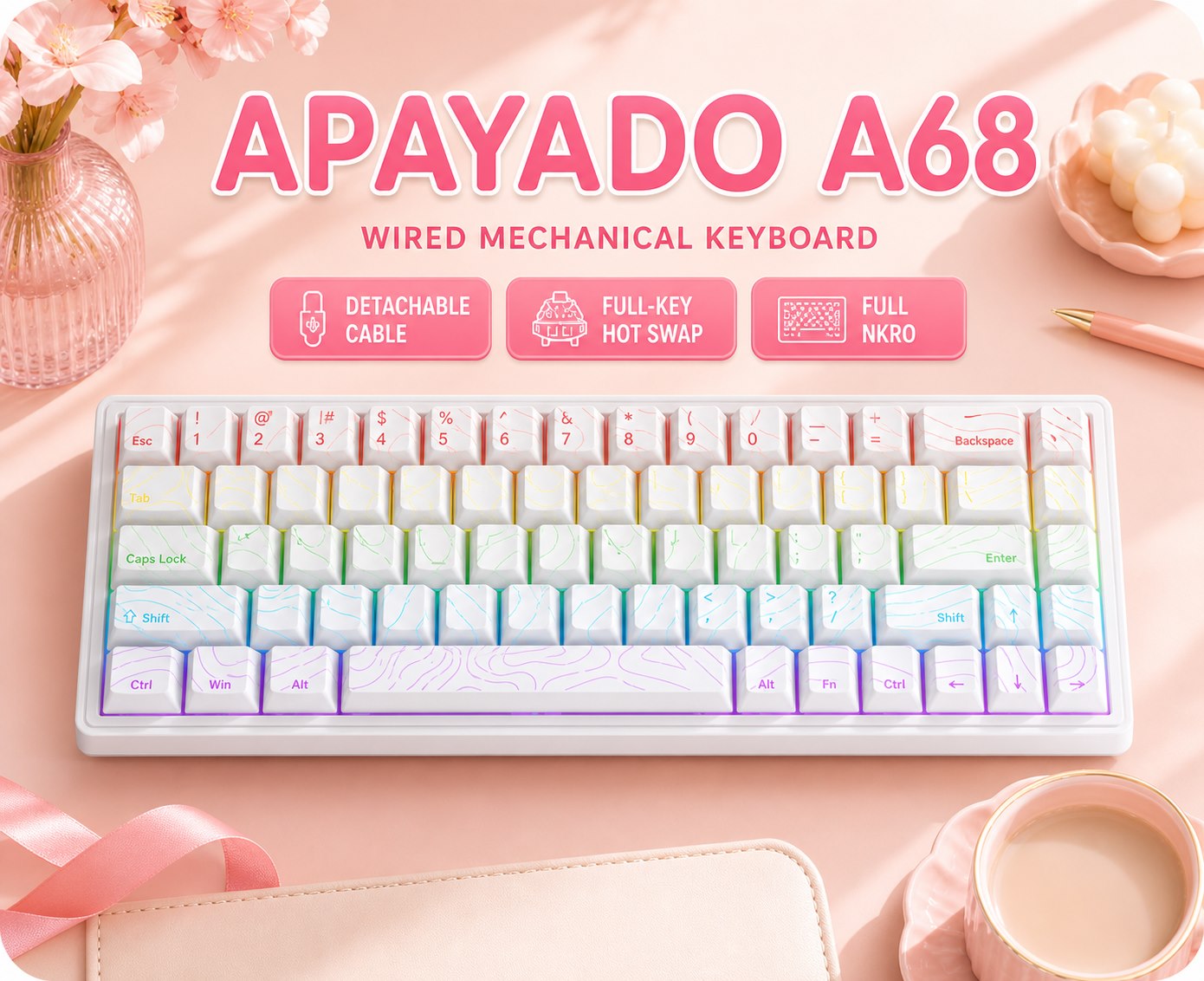 Gaming Keyboard Blue Switches - APAYADO A68 Przewodowa Klawiatura Mechaniczna z